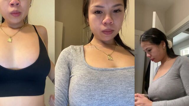 Preggo Asian beauty taking shower and teasing her belly