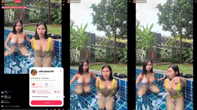 Asian beauty in bikini at the pool playing with pokies on TikTok Live