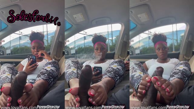 Ebony girl gives a footjob to her boyfriend