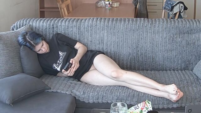 A white pussy is being fucked on the sofa